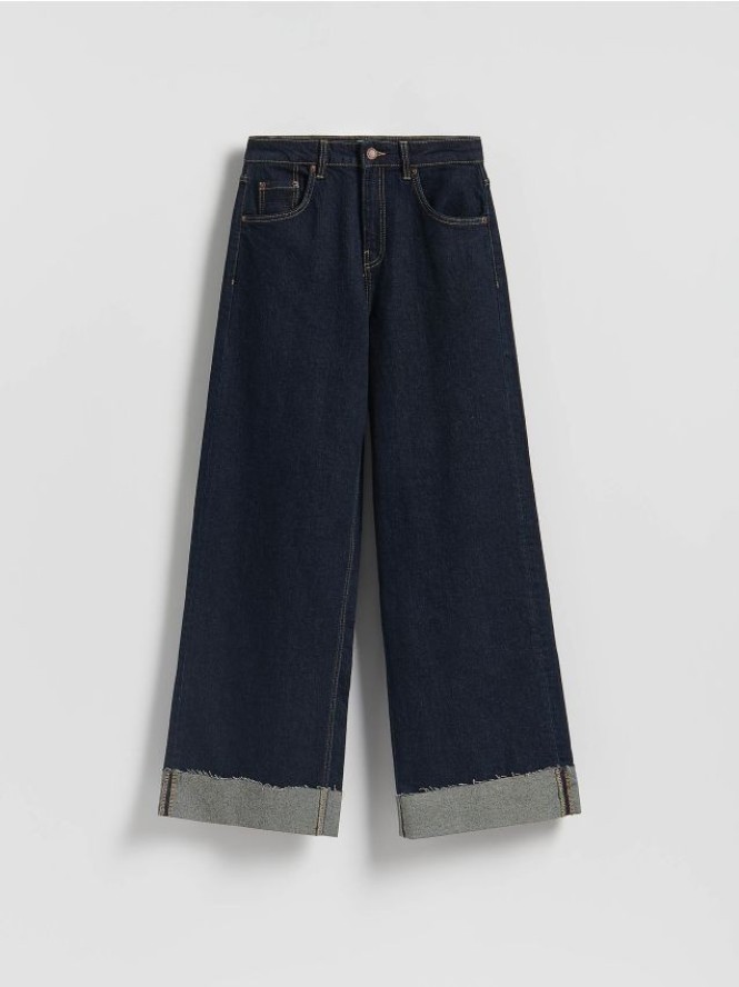 Jeansy wide leg z podwinięciem - granatowy