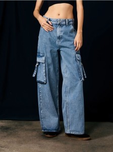 Jeansy wide leg cargo - niebieski