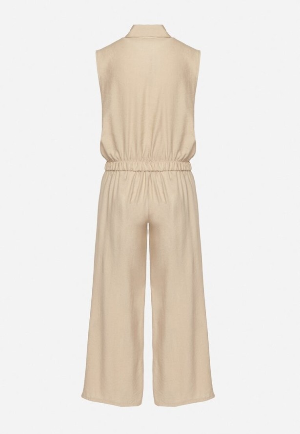 Ciemnobeżowy Wiskozowy Komplet Krótka Bluzka na Guziki Szerokie Spodnie z Gumką w Talii Rissanama