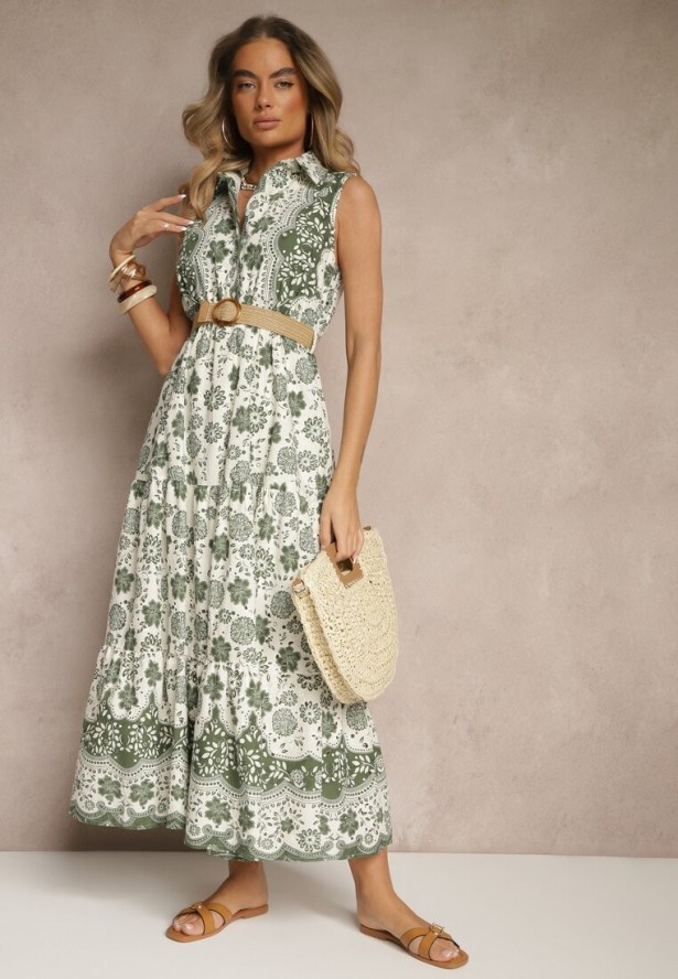 Zielona Koszulowa Sukienka Bez Rękawów z Bawełny z Paskiem z Klamrą Mirasitia