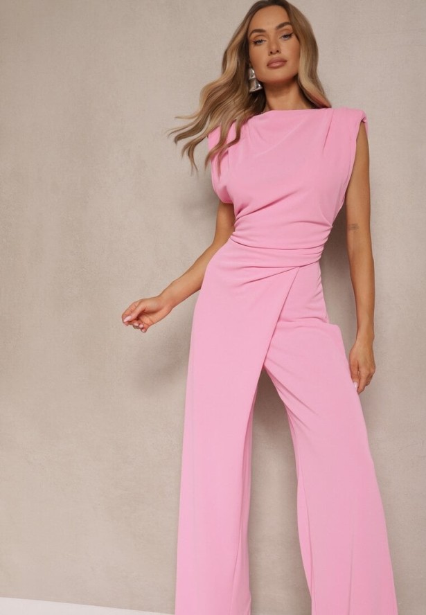 Różowy Kombinezon Bez Rękawów z Szeroką Nogawką i Marszczeniem Sepellia