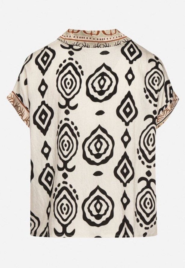 Beżowo-Czarna Koszula z Wiskozą na Krótki Rękaw w Etniczny Wzór Avineria