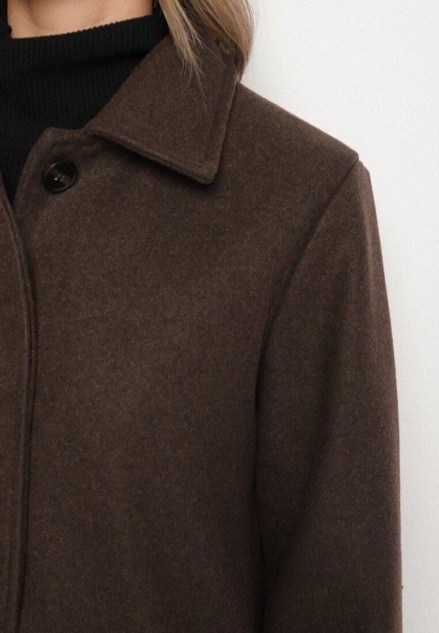 Brązowy Jednorzędowy Płaszcz z Wełną i Wiskozą w Stylu Trencza Lutila