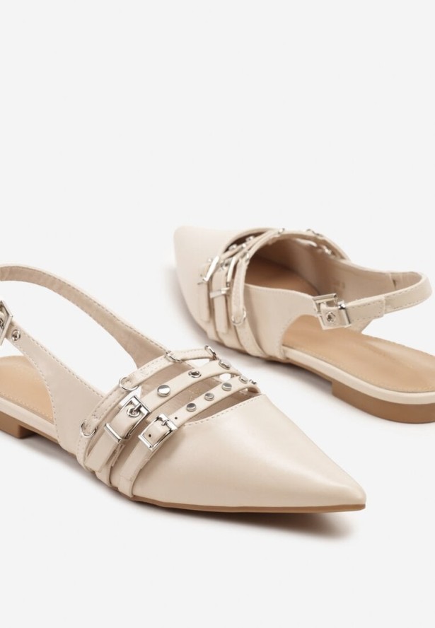 Beżowe Sandały z Noskiem w Szpic i Odkrytą Piętą z Paskami z Klamrami Vonaria