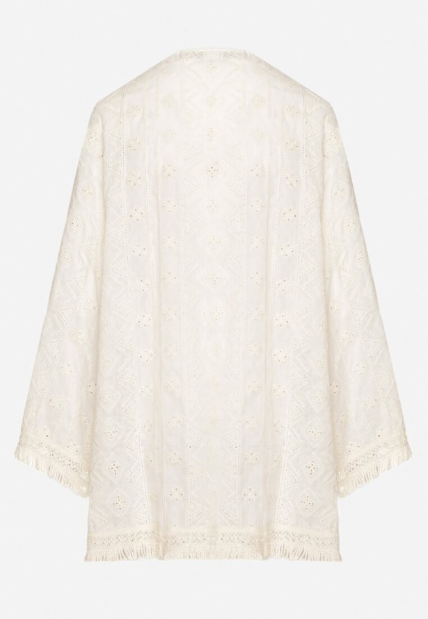 Beżowe Bawełniane Ponczo Plażowe Ozdobione Haftem i Cekinami Naliara