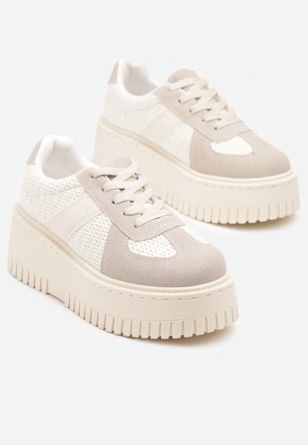 Beżowe Sneakersy w Stylu Tenisówek z Perforacją na Grubej Podeszwie Relinoria