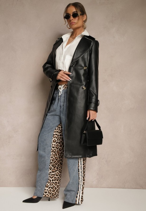 Czarny Płaszcz Trencz z Ekoskóry o Dwurzędowym Kroju z Paskiem Nilianis