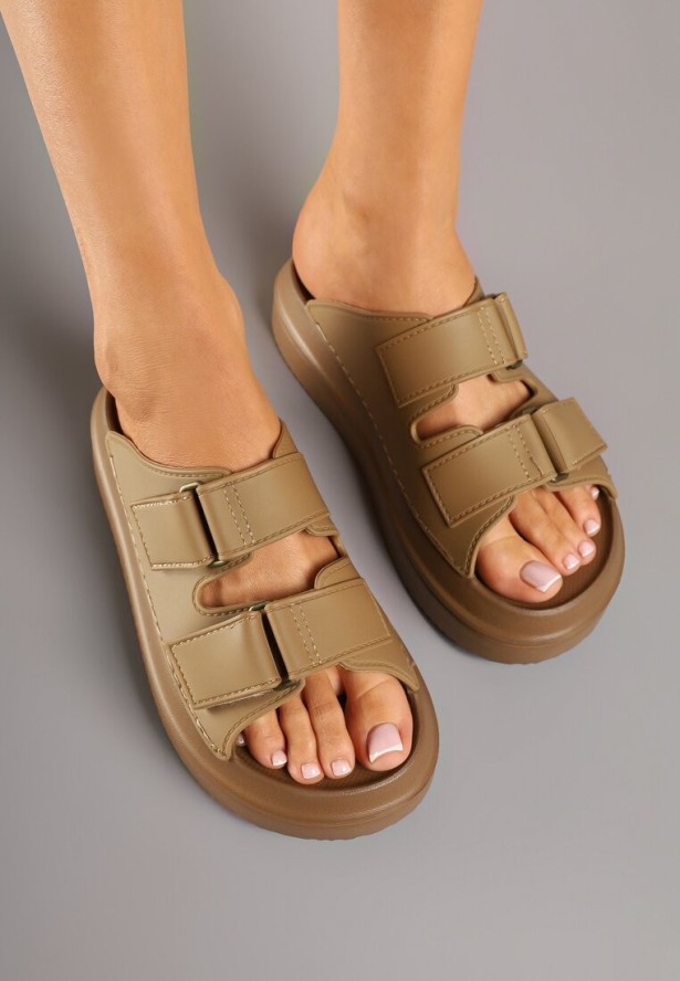 Ciemnobeżowe Klapki na Grubej Podeszwie z Pianki z Paskami na Rzep Falonisa