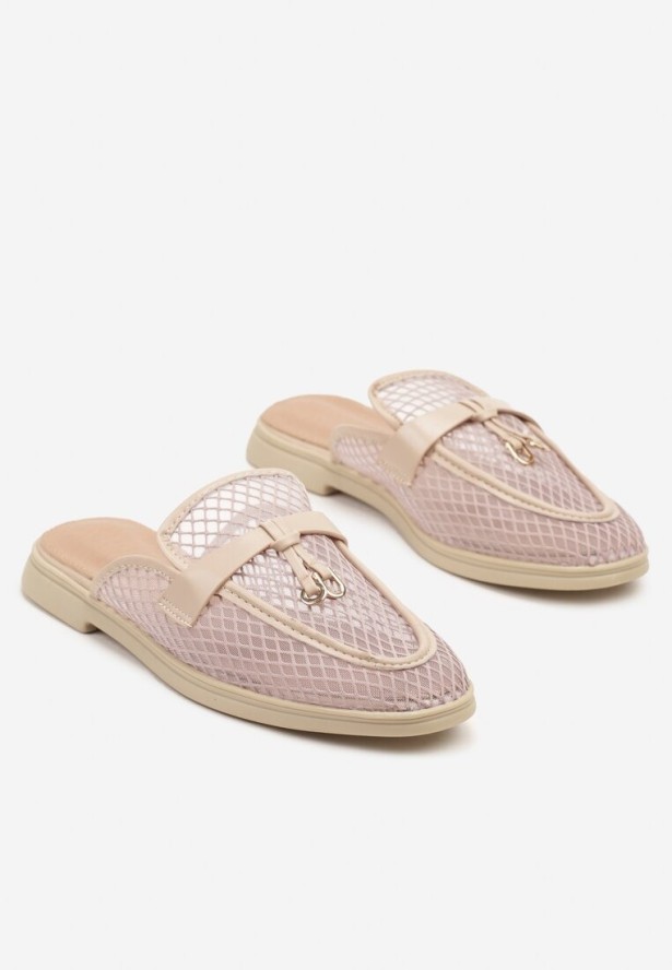 Ciemnobeżowe Transparentne Klapki Mule z Siateczki Zdobione Zawieszką Telianne