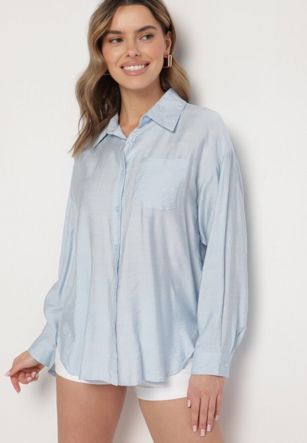 Jasnoniebieska Wiskozowa Koszula Ozdobiona Kieszonką Dovesse