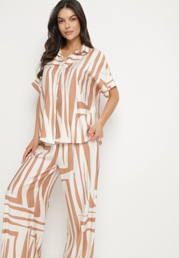 Beżowy Komplet Oversize z Lnem Koszula z Krótkim Rękawem i Szerokie Spodnie Mirolena