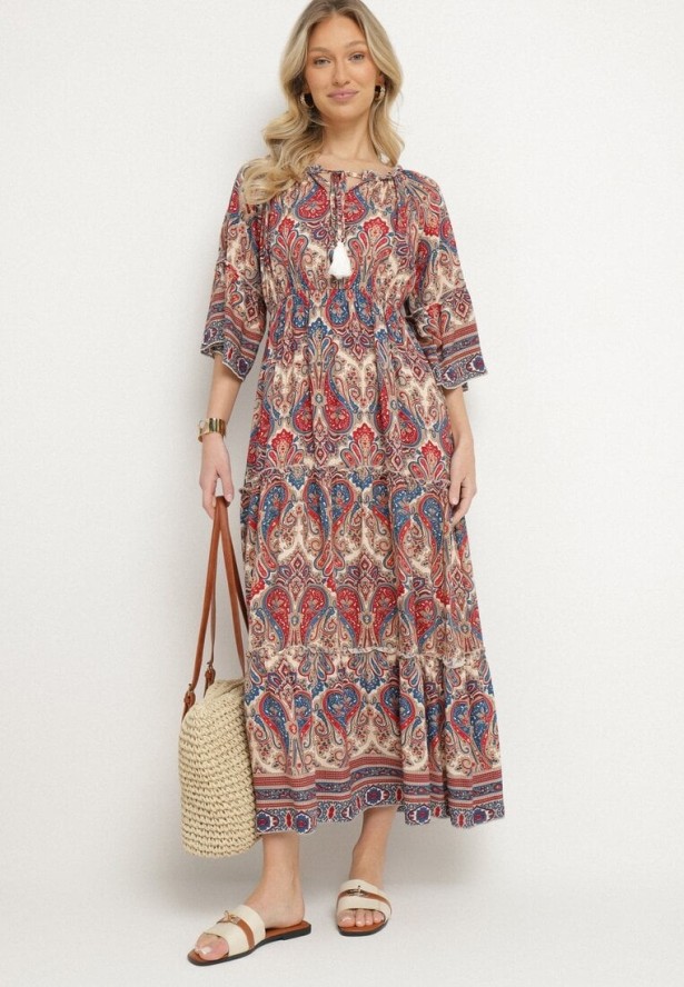 Czerwona Rozkloszowana Sukienka Bawełniana we Wzór Paisley z Chwostami Elliassa