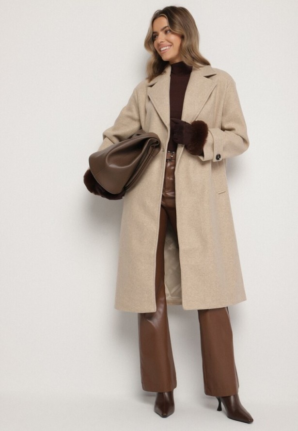 Beżowy Dwurzędowy Płaszcz Oversize z Wełny i Wiskozy w Eleganckim Stylu Tiliavia