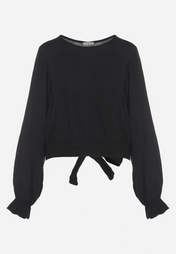 Czarna Bluzka z Bawełny o Nietoperzowym Kroju z Wiązaniem Sepene