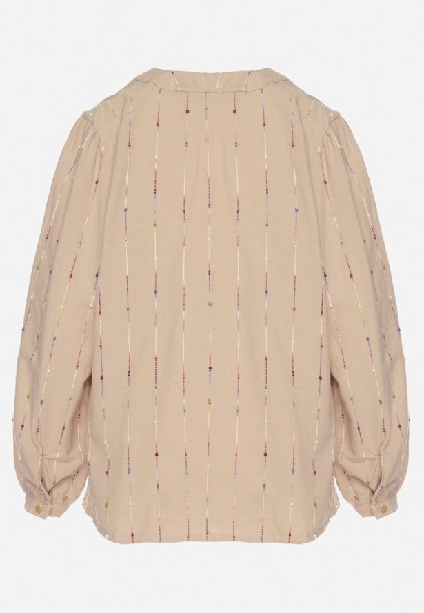 Beżowa Bluzka Koszulowa z Bawełny z Dekoltem w Serek i Haftem Palanenna