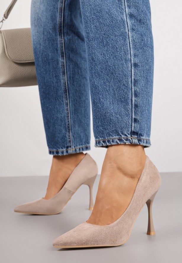Ciemnobeżowe Szpilki Vices na Obcasie Typu Klepsydra ze Skórzaną Wkładką Elttime