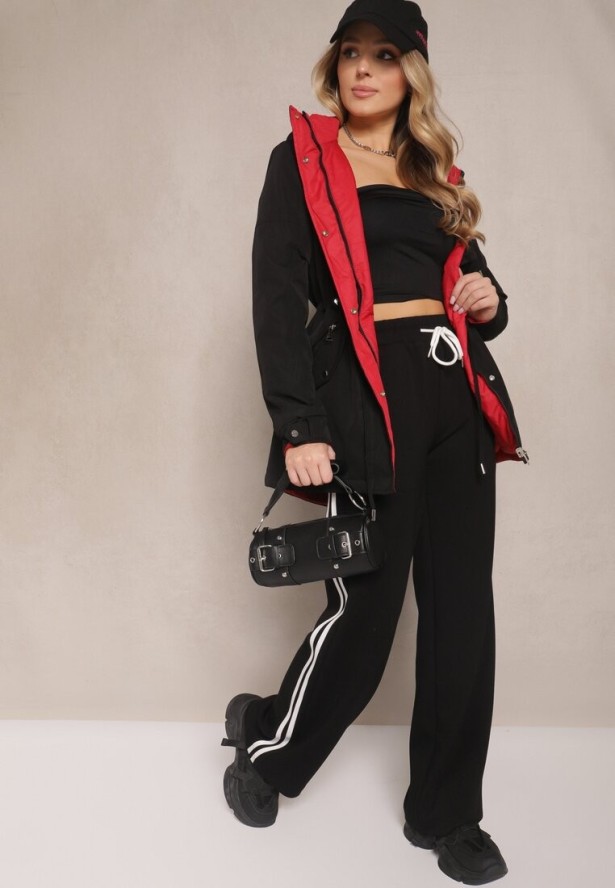 Czarno-Czerwona Kurtka Parka Dwustronna z Regulowanymi Rękawami i Odpinanym Kapturem Deneria