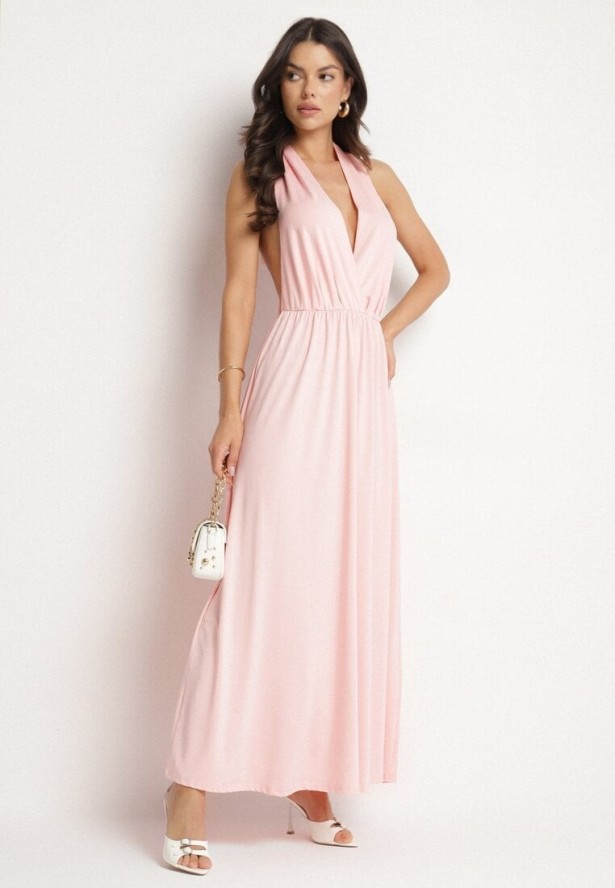 Różowa Koktajlowa Sukienka Multiway z Wiskozą i Wiązaniem na Szyi Lilazza