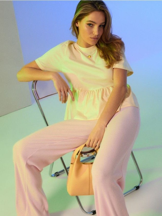 Prążkowane spodnie wide leg - różowy