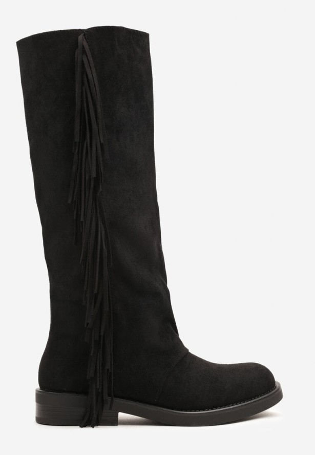 Czarne Kozaki z Imitacji Zamszu w Estetyce Boho Zdobione Frędzlami Vemarose