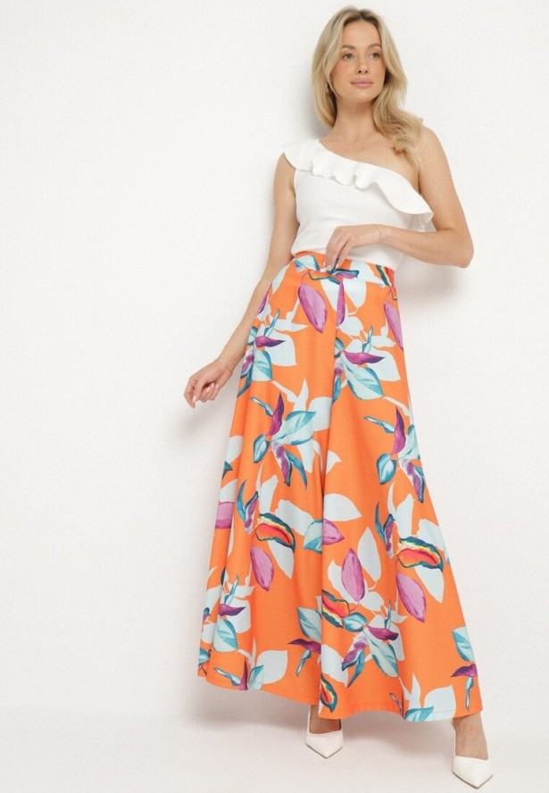 Pomarańczowe Spodnie Wiskozowe Szerokie we Florystyczny Print Orelvia