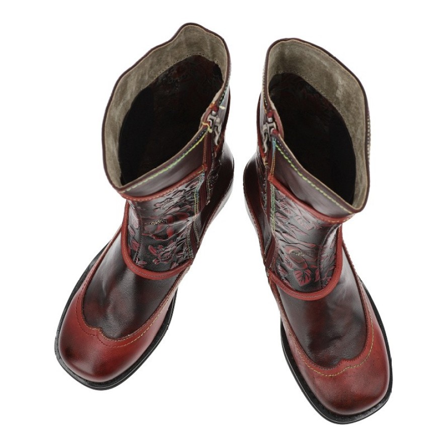 Kozaki damskie Laura Vita, wysoka cholewka ze skóry we wzory na płaskim obcasie, czerwone, SO2014-2