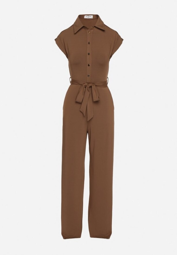 Brązowy Koszulowy Kombinezon z Wiskozą z Krótkim Rękawem i Paskiem Minorita