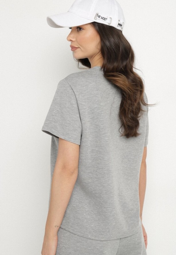 Szary T-shirt z Wiskozą Ozdobiony Cyrkoniami Hirritia