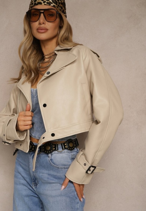 Beżowa Krótka Kurtka Ramoneska w Stylu Trencza Niladoria