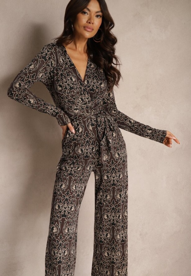 Brązowy Kopertowy Kombinezon Zdobiony Ornamentalnym Wzorem Mesiera