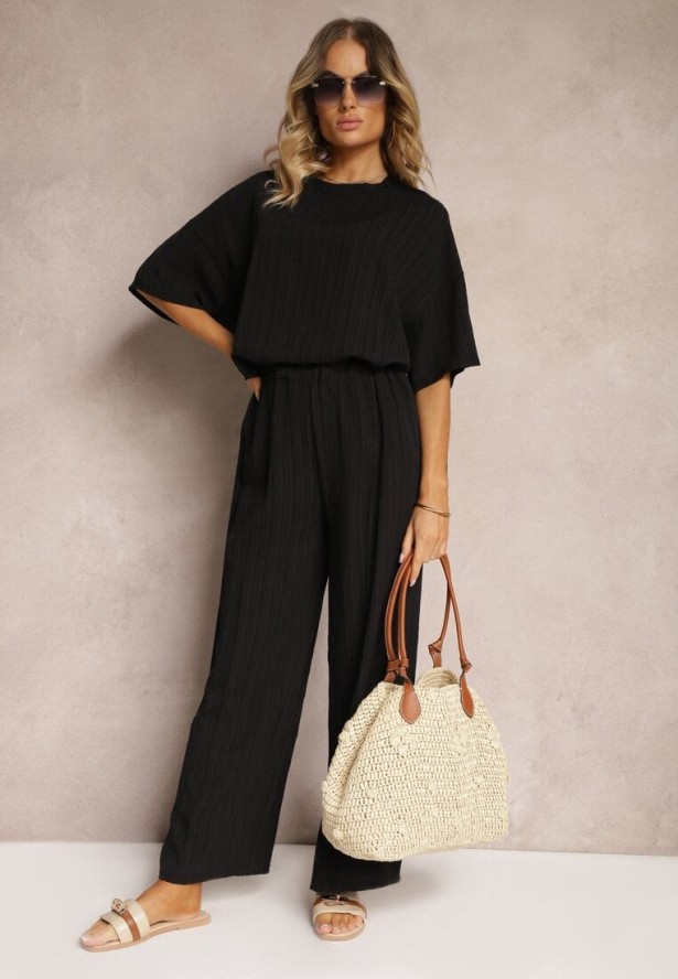 Czarny Oversizowy Komplet z Wiskozą Luźna Bluzka i Proste Spodnie Varlivia