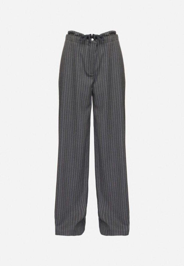 Ciemnoszare Spodnie Garniturowe z Wiskozą z Kieszeniami i Wiązaniem Sevitha