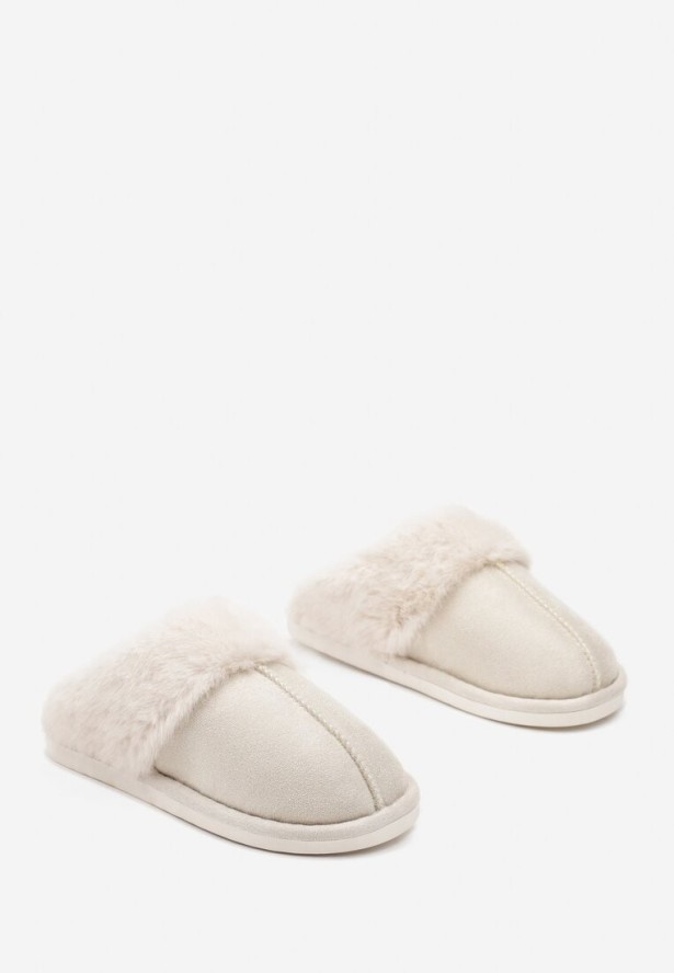 Beżowe Wsuwane Kapcie Ozdobione Futerkiem i Przeszyciami Almane