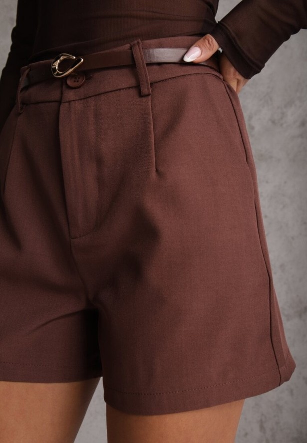 Brązowe Szorty High Waist w Eleganckim Stylu z Cienkim Paskiem ze Sprzączką Rissarie