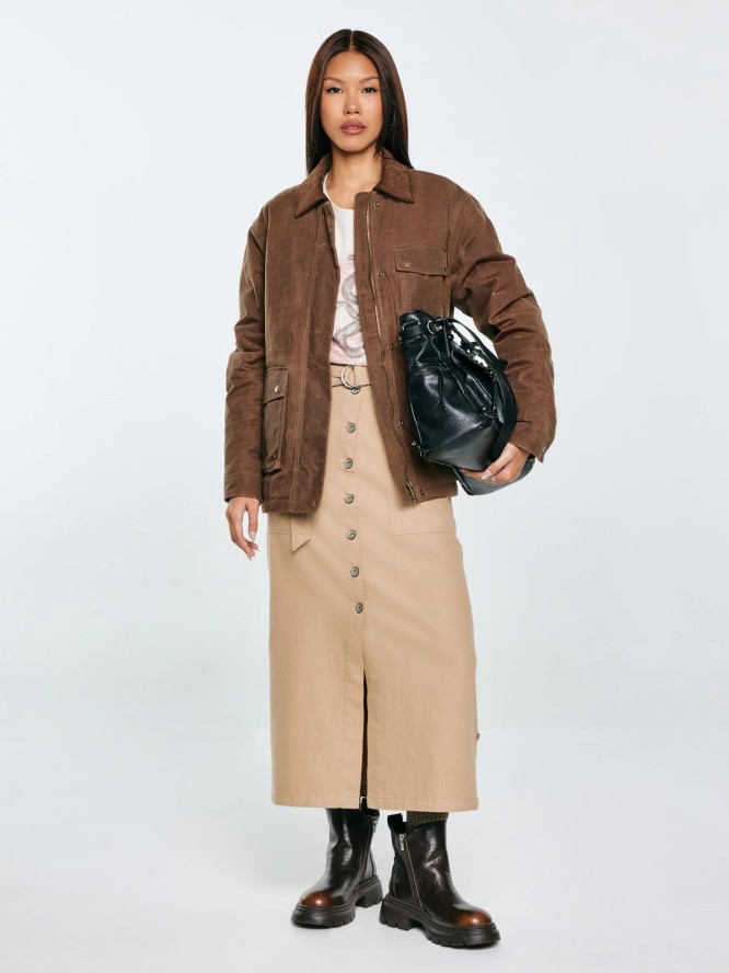 Spódnica damska midi z dodatkiem lnu z ozdobnymi guzikami beżowa Anesa 805