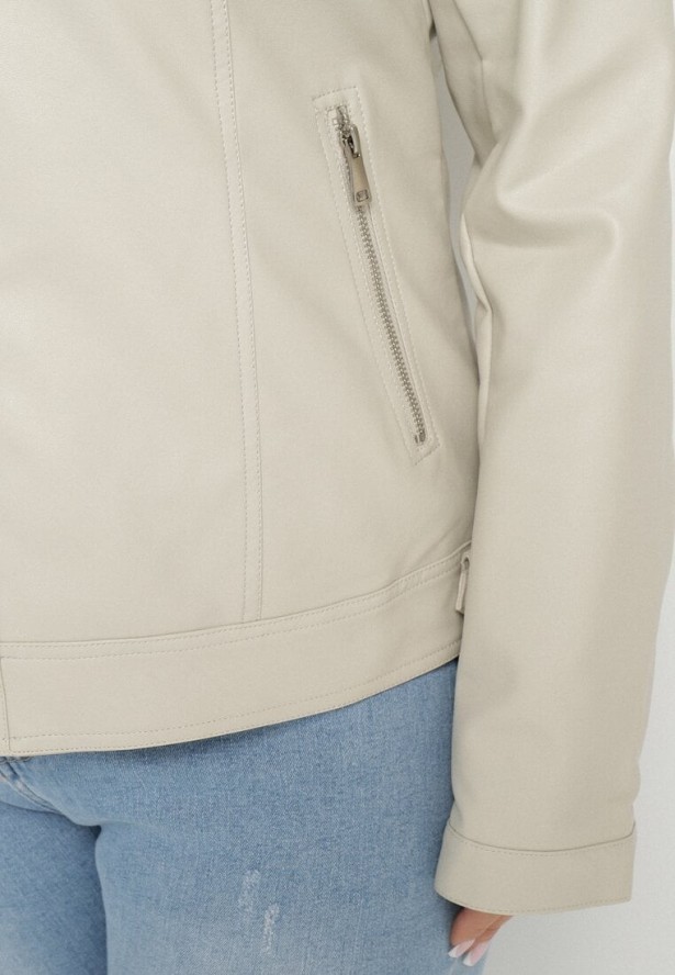 Jasnobeżowa Kurtka Ramoneska Bez Kołnierzyka z Suwakami na Rękawach Rilinne