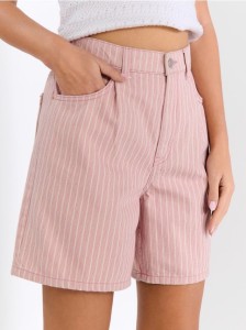 Szorty jeansowe high waist w paski - różowy