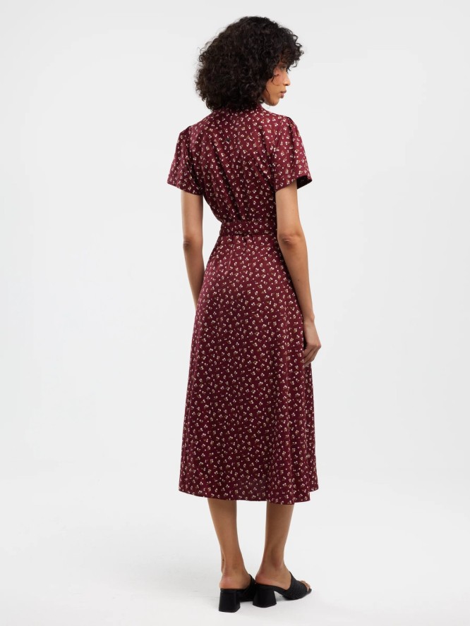 Sukienka damska midi z wiskozy z motywem kwiatowym bordowa Nahai 604