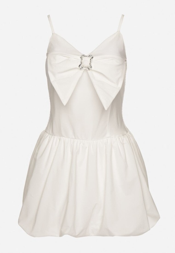Biała Sukienka Bombka na Cienkich Ramiączkach z Kokardą i Cyrkoniami Paliandria