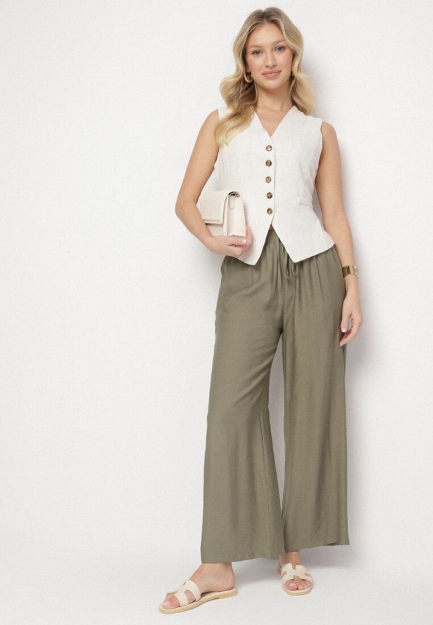 Zielone Szerokie Spodnie z Wysokim Stanem Ozdobione Sznurkiem Fenaris