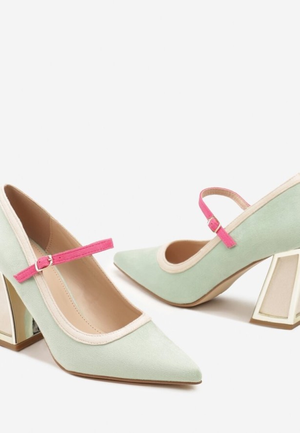 Jasnozielone Czółenka na Słupku z Metaliczną Wstawką i Paskiem Linnelea