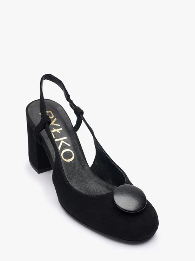 Czarne welurowe czółenka slingback bez pięty z ozdobą