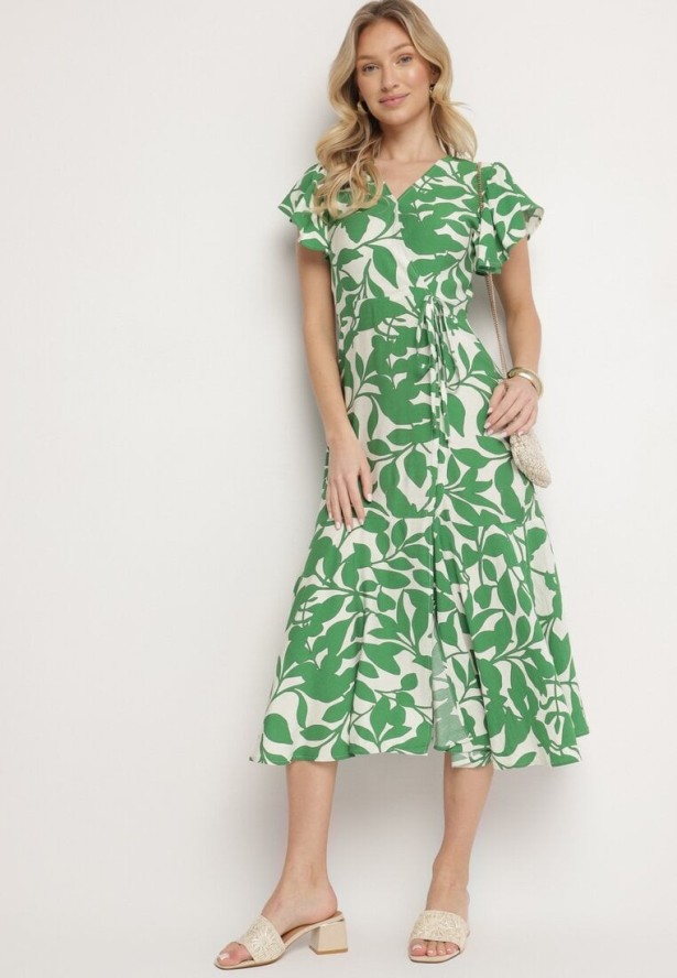 Jasnozielona Rozkloszowana Sukienka z Wiązaniem w Roślinny Wzór Janitaie