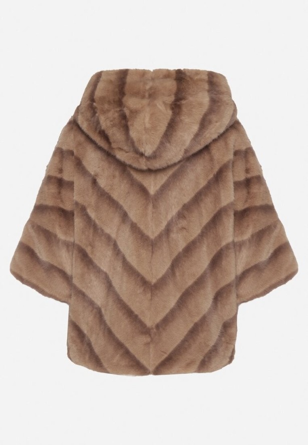 Beżowa Kurtka Futerko Oversize z Kapturem i Rękawami 3/4 Idanne