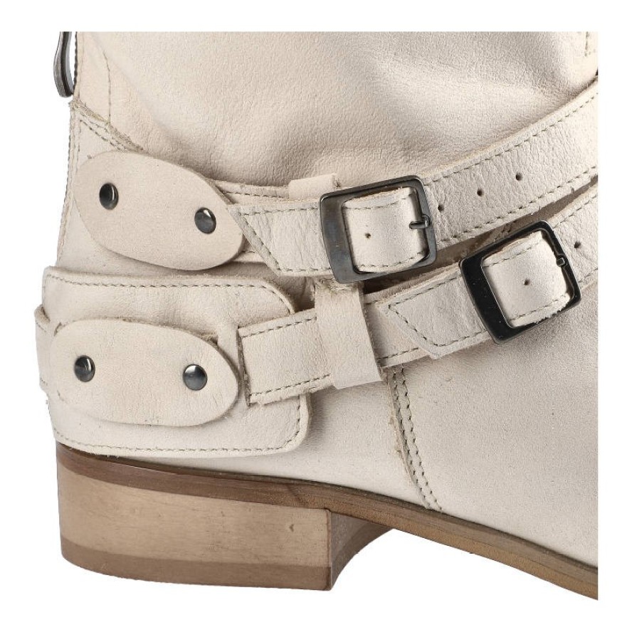 Beżowe Botki Pollonus Damskie Modne Buty Skórzane