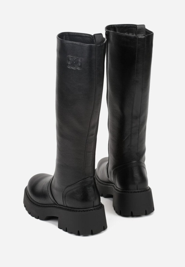 Czarne Kozaki VICES na Platformie z Tłoczonym Zdobieniem przy Cholewce Uniresa