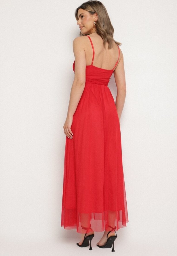 Czerwona Sukienka Koktajlowa z Tiulową Siateczką Devinae