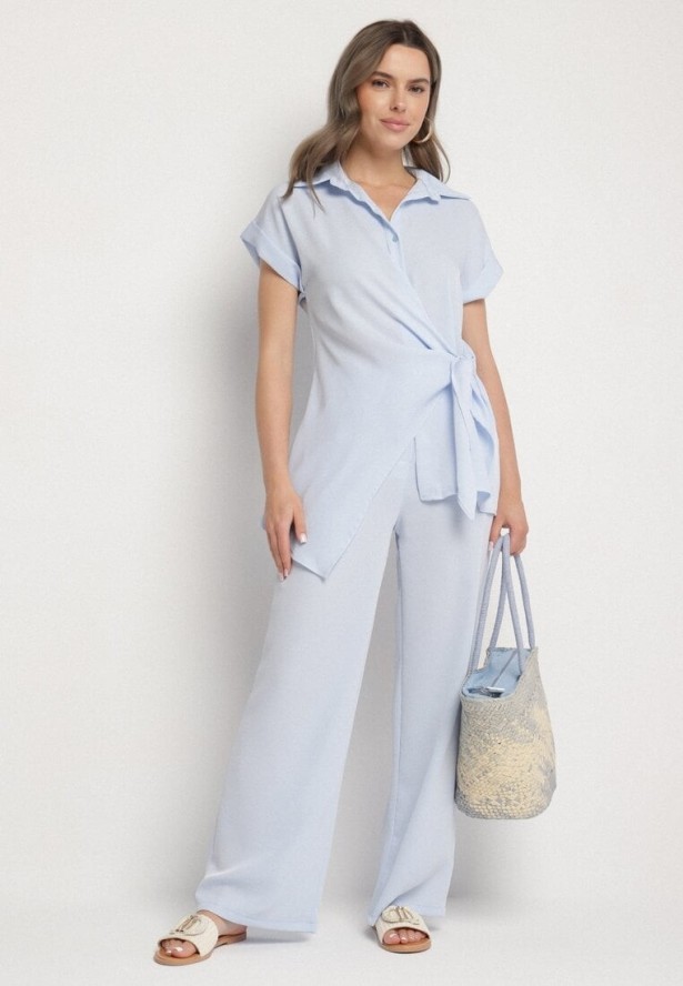 Niebieski Komplet Koszula z Asymetrycznym Wiązaniem i Szerokie Spodnie Filivara