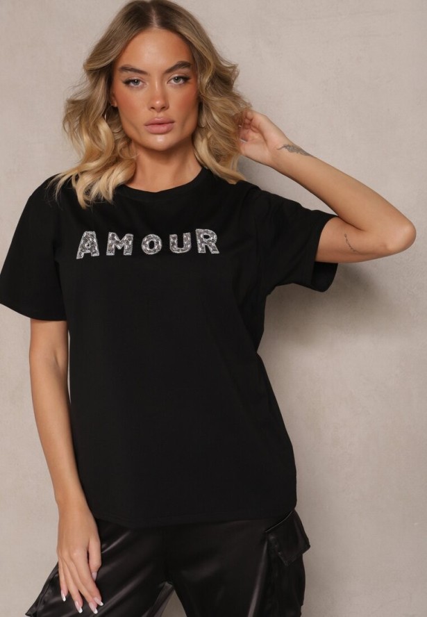 Czarny Bawełniany T-shirt z Napisem z Cekinami Marivinna