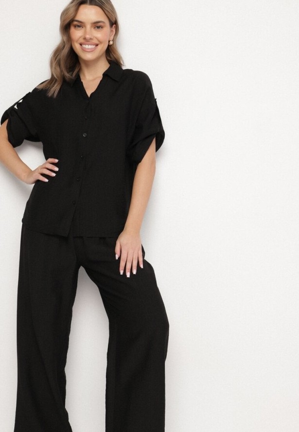 Czarny Komplet z Wiskozy Koszula z Podpinanymi Rękawami i Szerokie Spodnie Dormoi